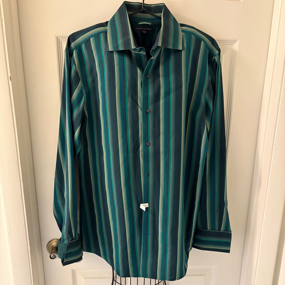 Banana‎ Republic Mens Green Teal Vertical Stripe Button Down Shirt Large EUC